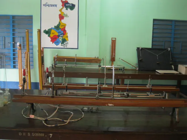Physics laboratory benches with apparatus